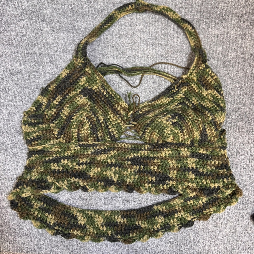 Unbranded Halter Top Womens S Crochet Camo Green Lace Up Boho EUC